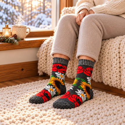 Charcoal gray floral sheep wool socks worn on a cozy rug by a winter window