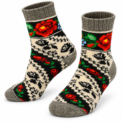 Women’s cream sheep wool socks with red roses, green leaves and black Ukrainian folk ornament, made in Ukraine