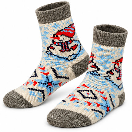 Women’s beige sheep wool winter socks with a red-hatted snowman and light blue snowflake ornament, made in Ukraine