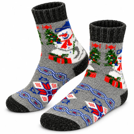 Women’s gray sheep wool Christmas socks with a snowman, green Christmas tree, red gifts and black cuffs