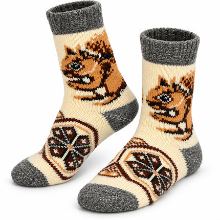 Women’s beige sheep wool socks with a brown squirrel, geometric folk ornament and gray cuffs, made in Ukraine
