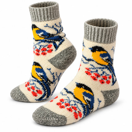 Women’s beige sheep wool socks with yellow and blue titmouse birds, red rowan berries and gray cuffs, made in Ukraine