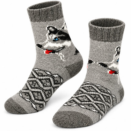 Women’s gray sheep wool socks with a gray and white wolf cub face and geometric diamond ornament, made in Ukraine