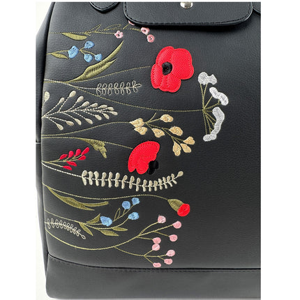 Women's black backpack with floral embroidery
