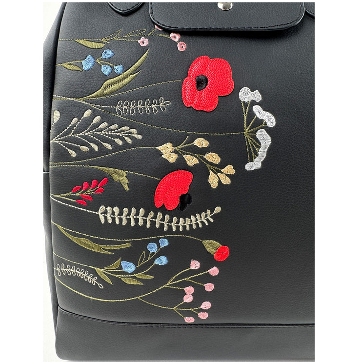Women's black backpack with floral embroidery
