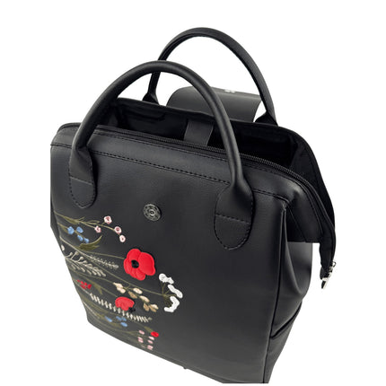 Women's black backpack with floral embroidery