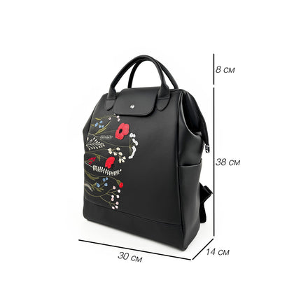 Women's black backpack with floral embroidery