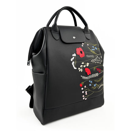 Women's black backpack with floral embroidery