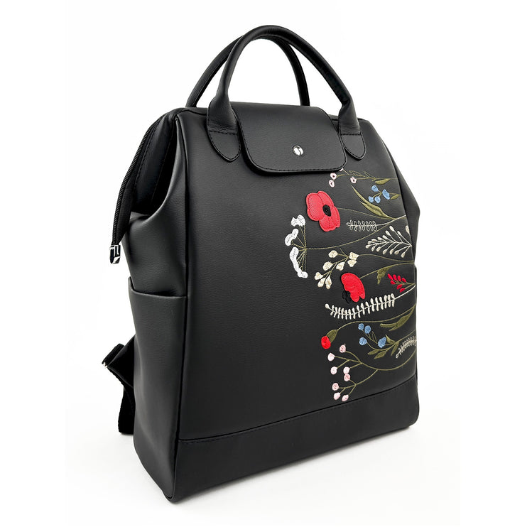 Women's black backpack with floral embroidery
