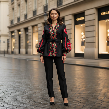 Women’s Black Ukrainian Embroidered Blouse with Red Poppies