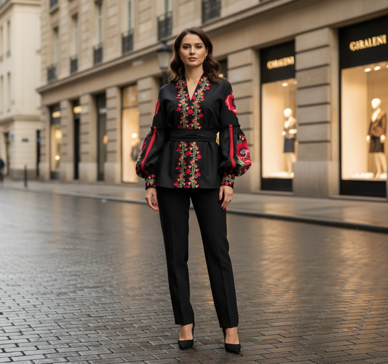 Women’s Black Ukrainian Embroidered Blouse with Red Poppies