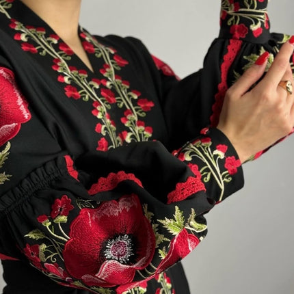 Women’s Black Ukrainian Embroidered Blouse with Red Poppies