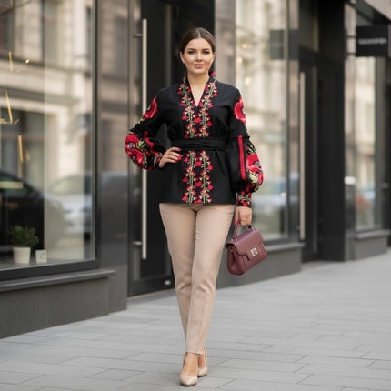 Women’s Black Ukrainian Embroidered Blouse with Red Poppies