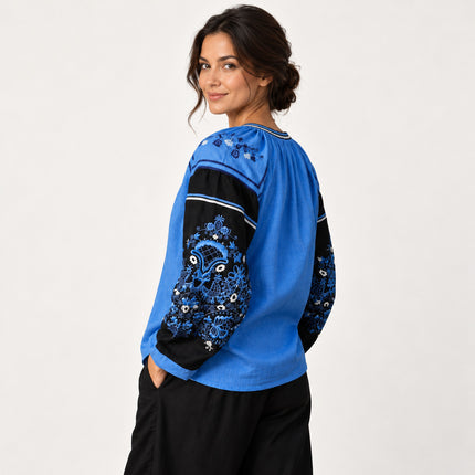 Women’s Blue and Black Ukrainian Embroidered Vyshyvanka Blouse