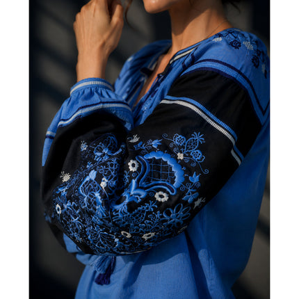 Women’s Blue and Black Ukrainian Embroidered Vyshyvanka Blouse