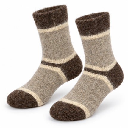 Women’s gray-beige dog wool socks with brown cuffs, heels and toes and cream stripes, warm winter socks made in Ukraine