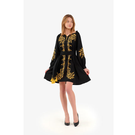 Women's linen dress with embroidered wheat ears