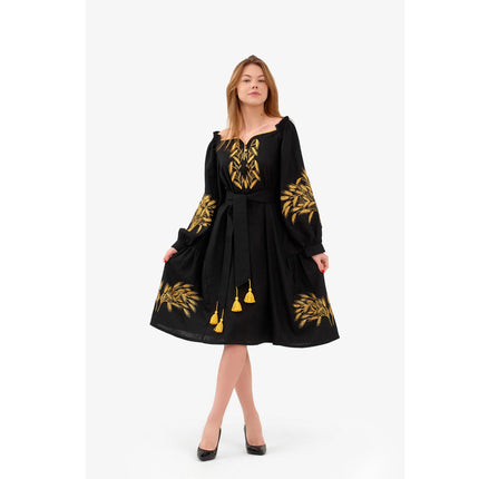 Women's linen dress with embroidered wheat ears