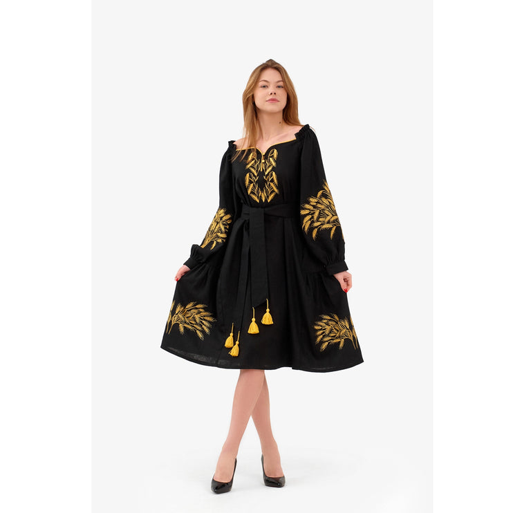 Women's linen dress with embroidered wheat ears