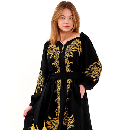 Women's linen dress with embroidered wheat ears