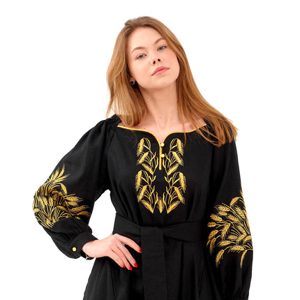 Women's linen dress with embroidered wheat ears