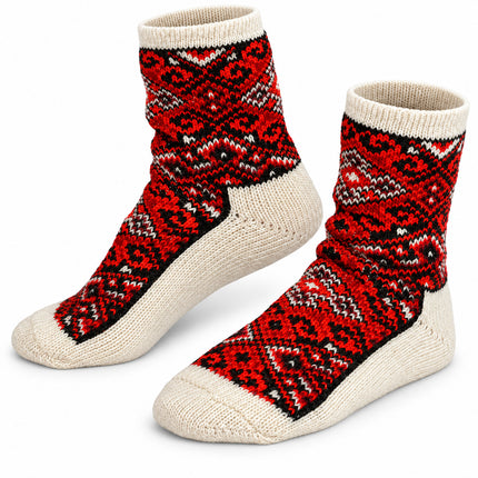 Women’s low-cuff sheep wool socks with red Ukrainian folk ornament and beige heels and toes, made in Ukraine