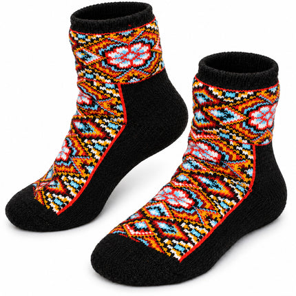 Women’s low-cuff black sheep wool socks with a multicolor Ukrainian folk ornament on the leg