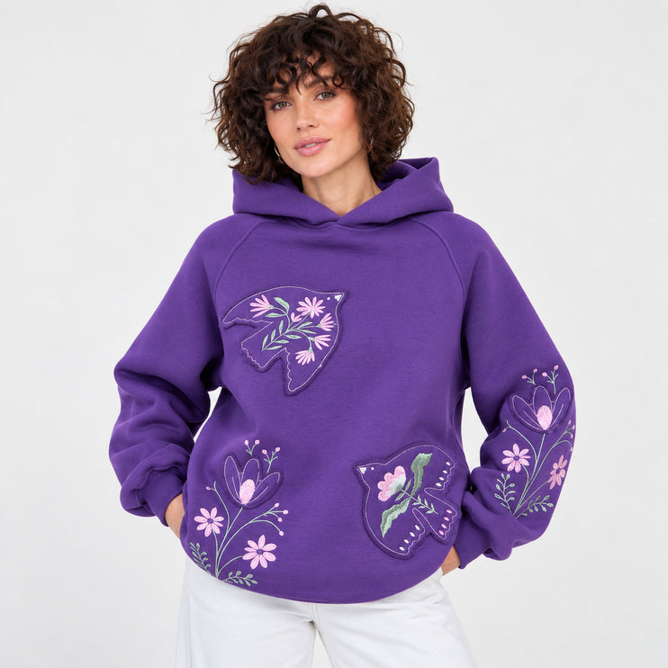 Women’s Oversized Embroidered Hoodie with Floral Appliqué