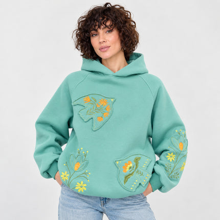 Women’s Oversized Embroidered Hoodie with Floral Appliqué