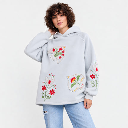 Women’s Oversized Embroidered Hoodie with Floral Appliqué