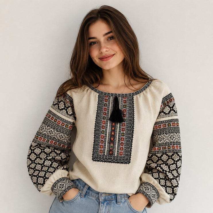 Women's Ukrainian Embroidered Blouse with Black Geometric Pattern