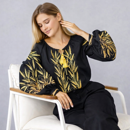 Women’s Ukrainian Embroidered Blouse with Golden Wheat Embroidery
