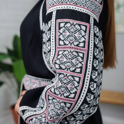 Women’s Ukrainian Embroidered Maxi Dress – Black Vyshyvanka with Long Sleeves