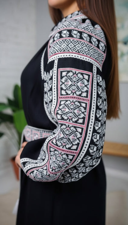 Women’s Ukrainian Embroidered Maxi Dress – Black Vyshyvanka with Long Sleeves
