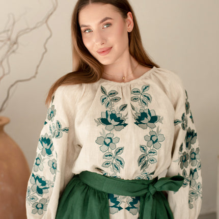 Women’s Ukrainian Embroidered Set – Long Linen Dress & Traditional Plakhta