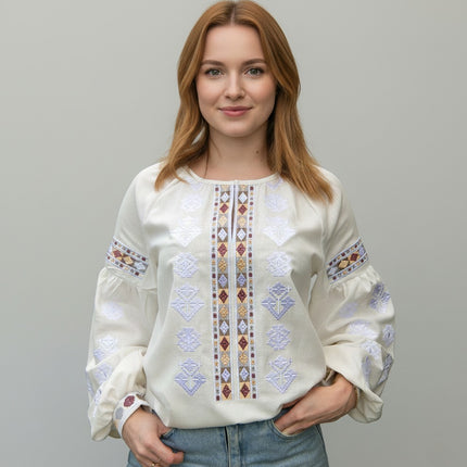 Women’s Ukrainian Embroidered Vyshyvanka Blouse – Ivory Linen Shirt