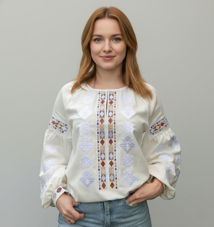 Women’s Ukrainian Embroidered Vyshyvanka Blouse – Ivory Linen Shirt