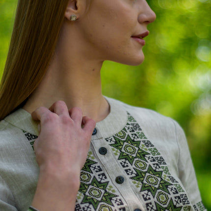 Women's Ukrainian Linen Vyshyvanka Blouse with Green Embroidery