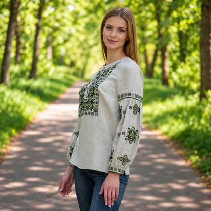 Women's Ukrainian Linen Vyshyvanka Blouse with Green Embroidery