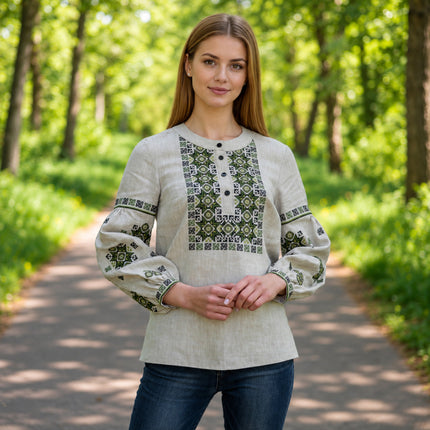 Women's Ukrainian Linen Vyshyvanka Blouse with Green Embroidery