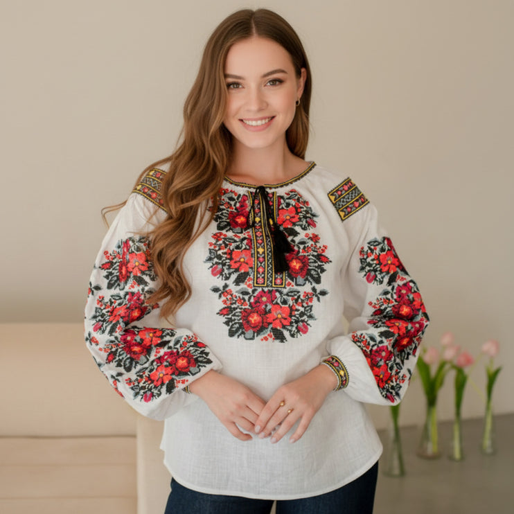 Women’s Ukrainian Linen Vyshyvanka with Floral Embroidery