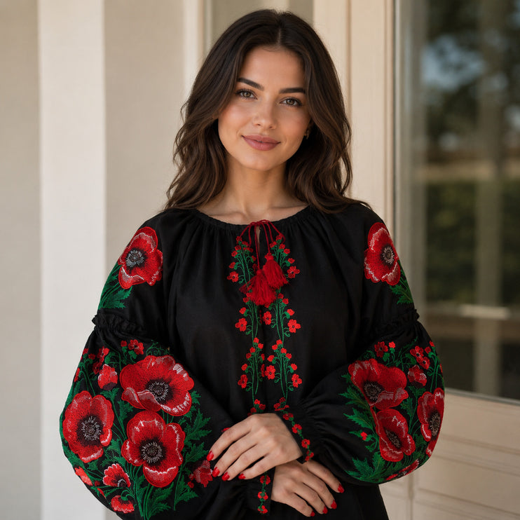 Women's Ukrainian Vyshyvanka Blouse with Red Poppy Floral Embroidery