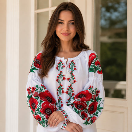Women's Ukrainian Vyshyvanka Blouse with Red Poppy Floral Embroidery