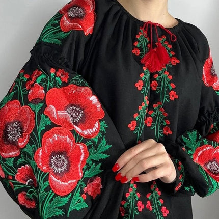 Women's Ukrainian Vyshyvanka Blouse with Red Poppy Floral Embroidery