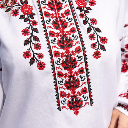 Women’s White Ukrainian Embroidered Blouse – Red Floral Vyshyvanka Shirt