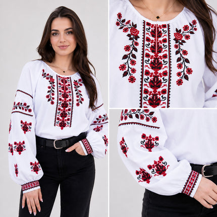 Women’s White Ukrainian Embroidered Blouse – Red Floral Vyshyvanka Shirt