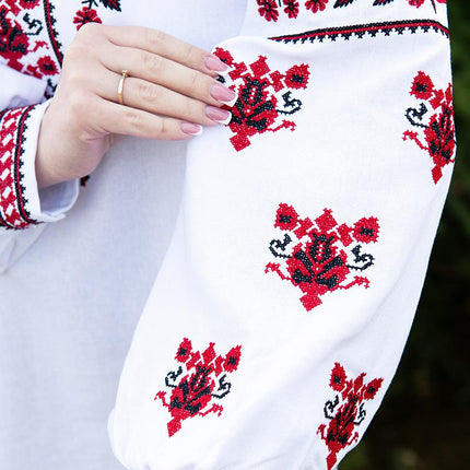 Women’s White Ukrainian Embroidered Blouse – Red Floral Vyshyvanka Shirt