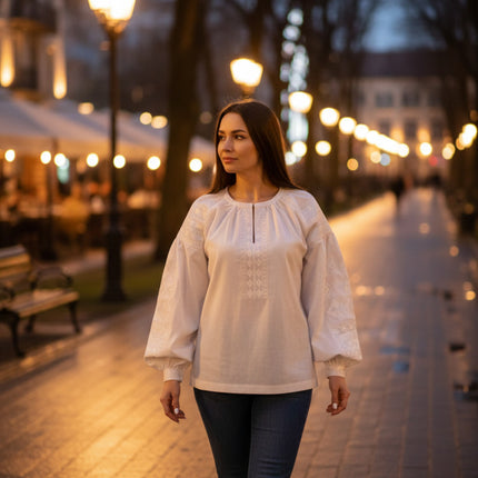 Women’s White Vyshyvanka with Puffy Sleeves