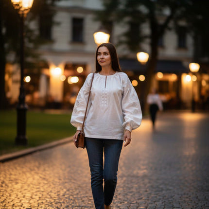 Women’s White Vyshyvanka with Puffy Sleeves