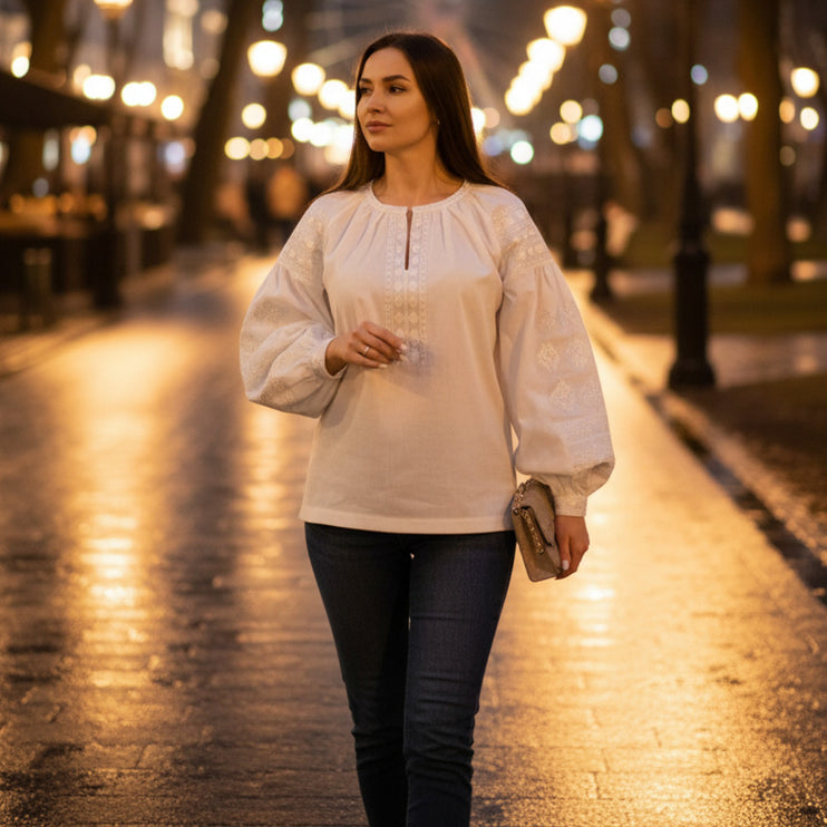 Women’s White Vyshyvanka with Puffy Sleeves